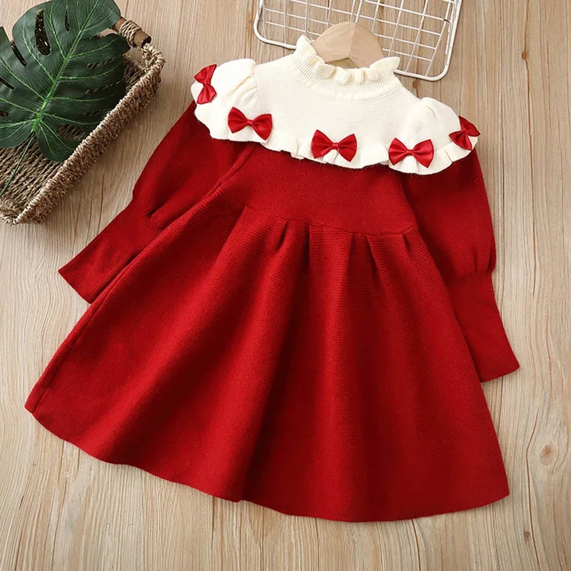 

2025 New Autumn Christmas Baby Girl Birthday Party Dress Long Sleeved Knitted Kids Princess Dresses 2-6Yrs Children Clothes