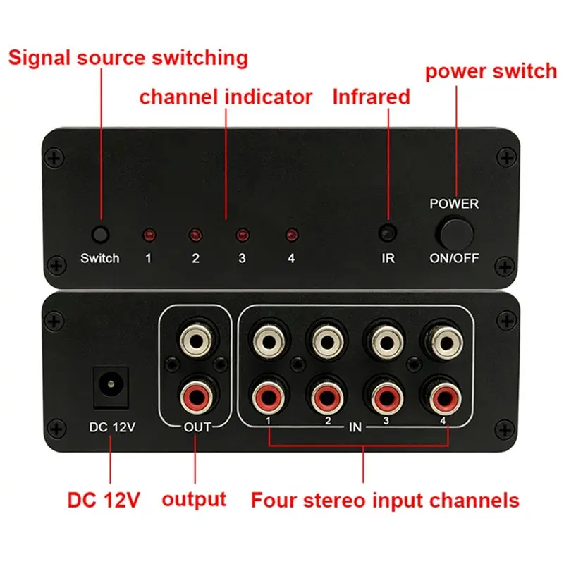 LXYB18B 4-WAY Stereo Audio Switcher 4CH Audio IR Remote Switch