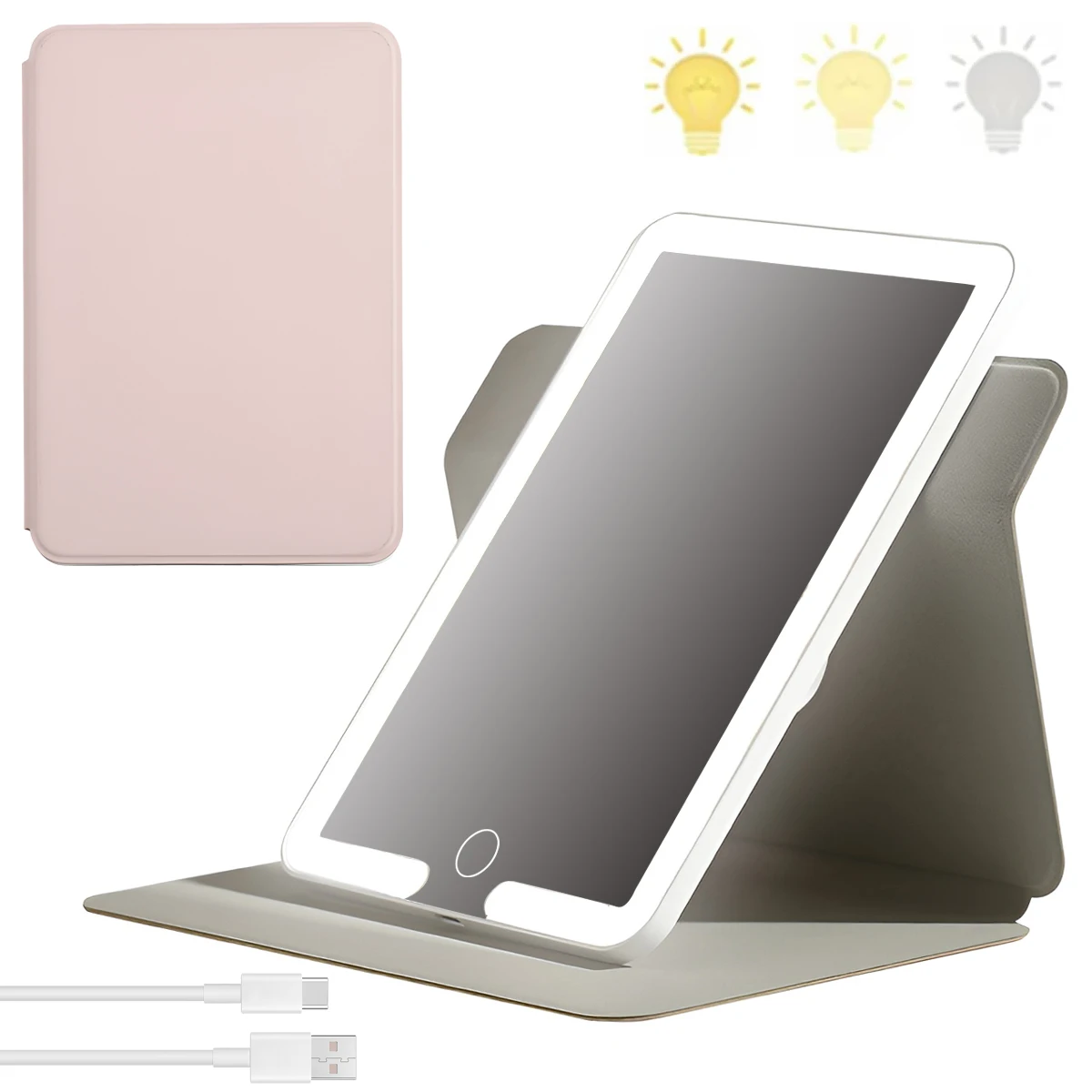 مرآة مكياج للسفر قابلة للطي بإضاءة LED، 3 ألوان، أوضاع إضاءة USB قابلة لإعادة الشحن، شاشة لمس محمولة على سطح الطاولة، مرآة لمستحضرات التجميل باللون الأبيض #1