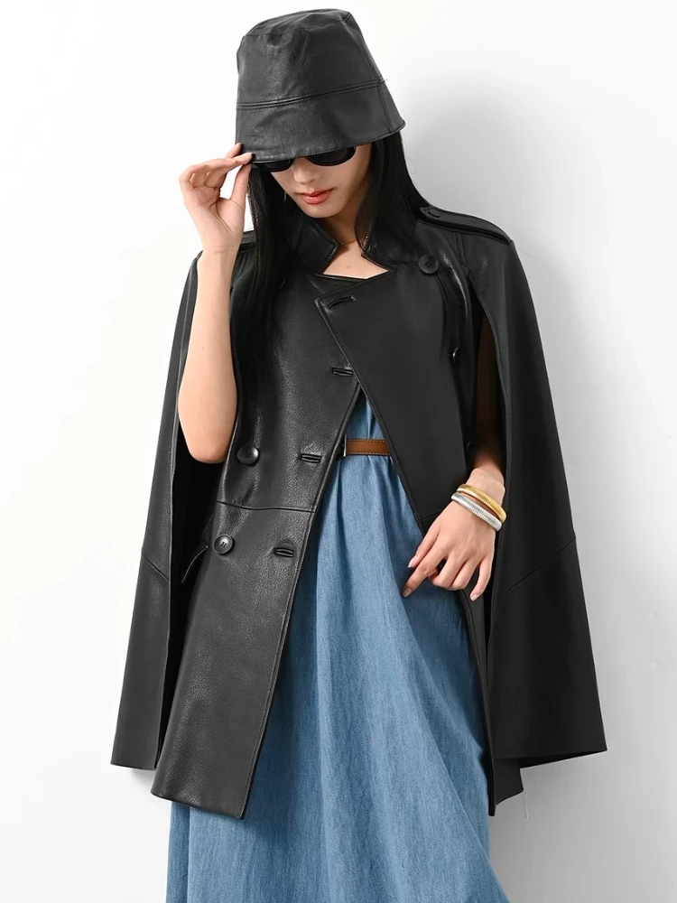 Lace-up Genuine Leather Windbreaker Jackets Women Spring Autumn High-end Simple Stand Collar Soft Black Real Sheepskin Cape Coat