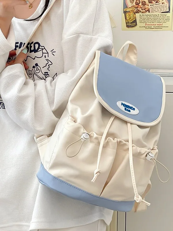Color Block Drawstring Flap Backpack For College Students Large Capacity Lightweight Casual School Bag Daily Commute Rucksack