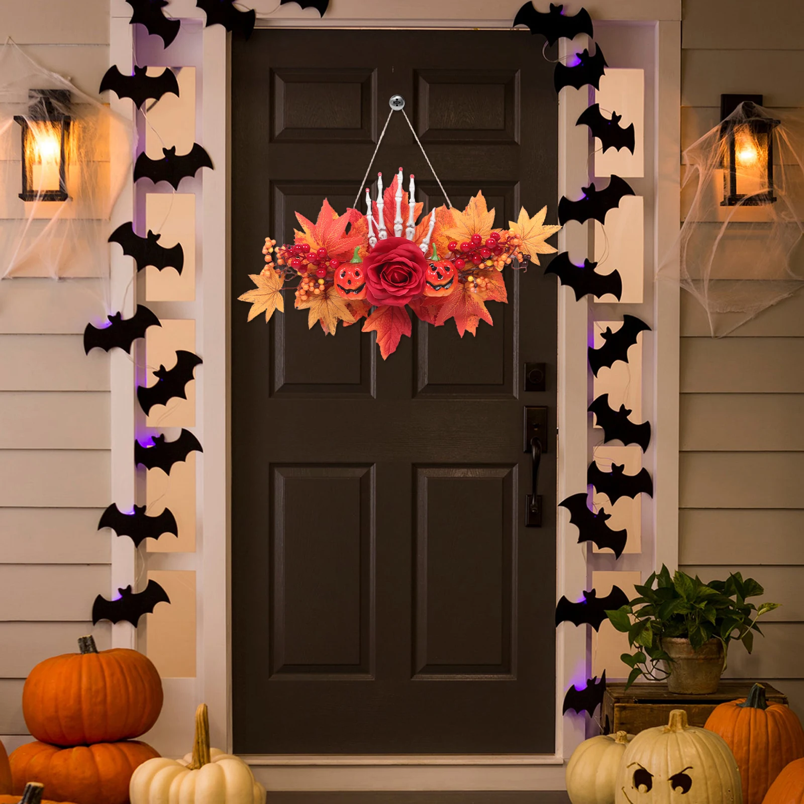 

Artificial Maple Wreath Pumpkin Accents Rich Halloween Aesthetic Easy Setup Transform Space Festive Scene Decor