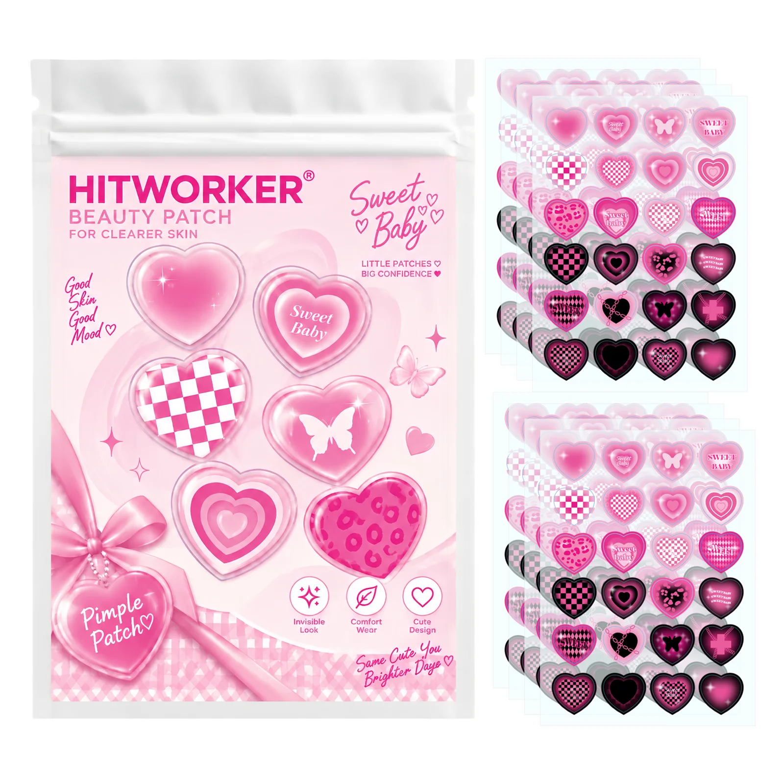 240 patchs hydrocolloïdes pour boutons, motifs mignons en forme de cœur, léopard, carreaux et papillon, autocollants pour couvrir les imperfections, respectueux de la peau pour le visage
