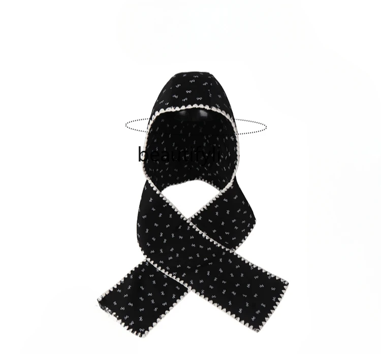 

Bow-tie printed scarf, hat integrated women's autumn and winter cute versatile warm and cold-proof knitted scarf