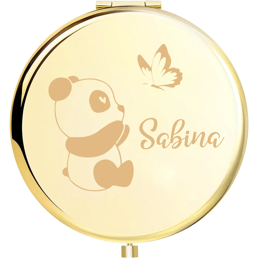 1pc Colorful panda with butterfly Custom Name Round Circle Mirror Folding Mirror Makeup Mirror Pocket Mirror