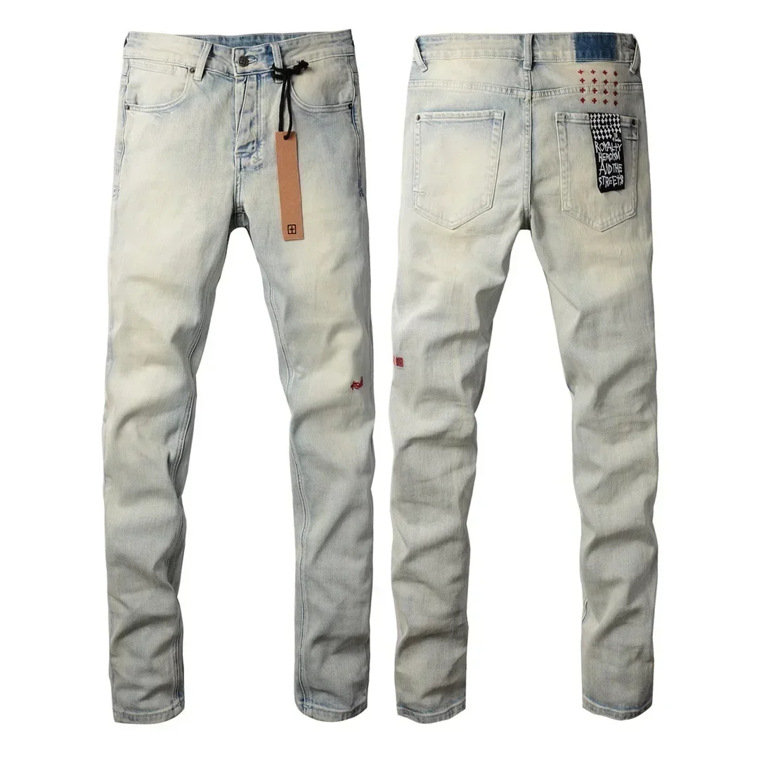 Retro light blue Streetwear Men KSUBI Cross Jeans Paint Trend Low Rise Stretch Skinny Denim Pants Pleated Ripped FrayedTrousers