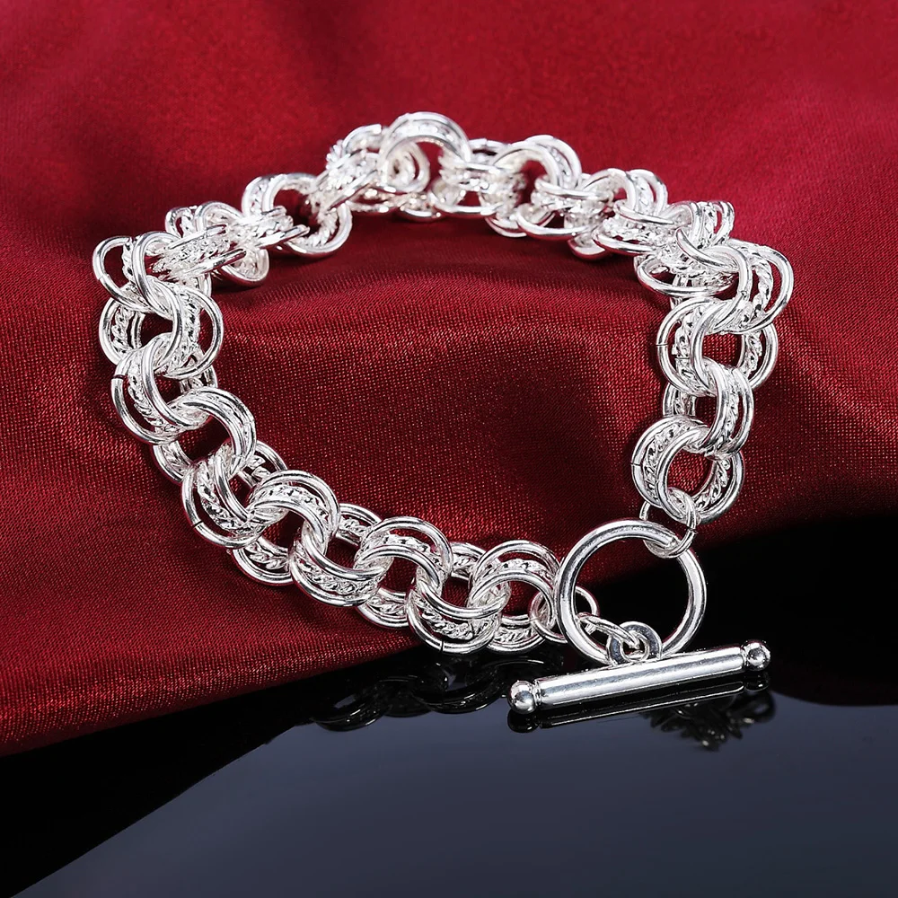 

Pure 925 Sterling Silver Bracelets Classic circle chain for Women men Wedding high quality Fashion Jewelry party Gifts Lady 20cm