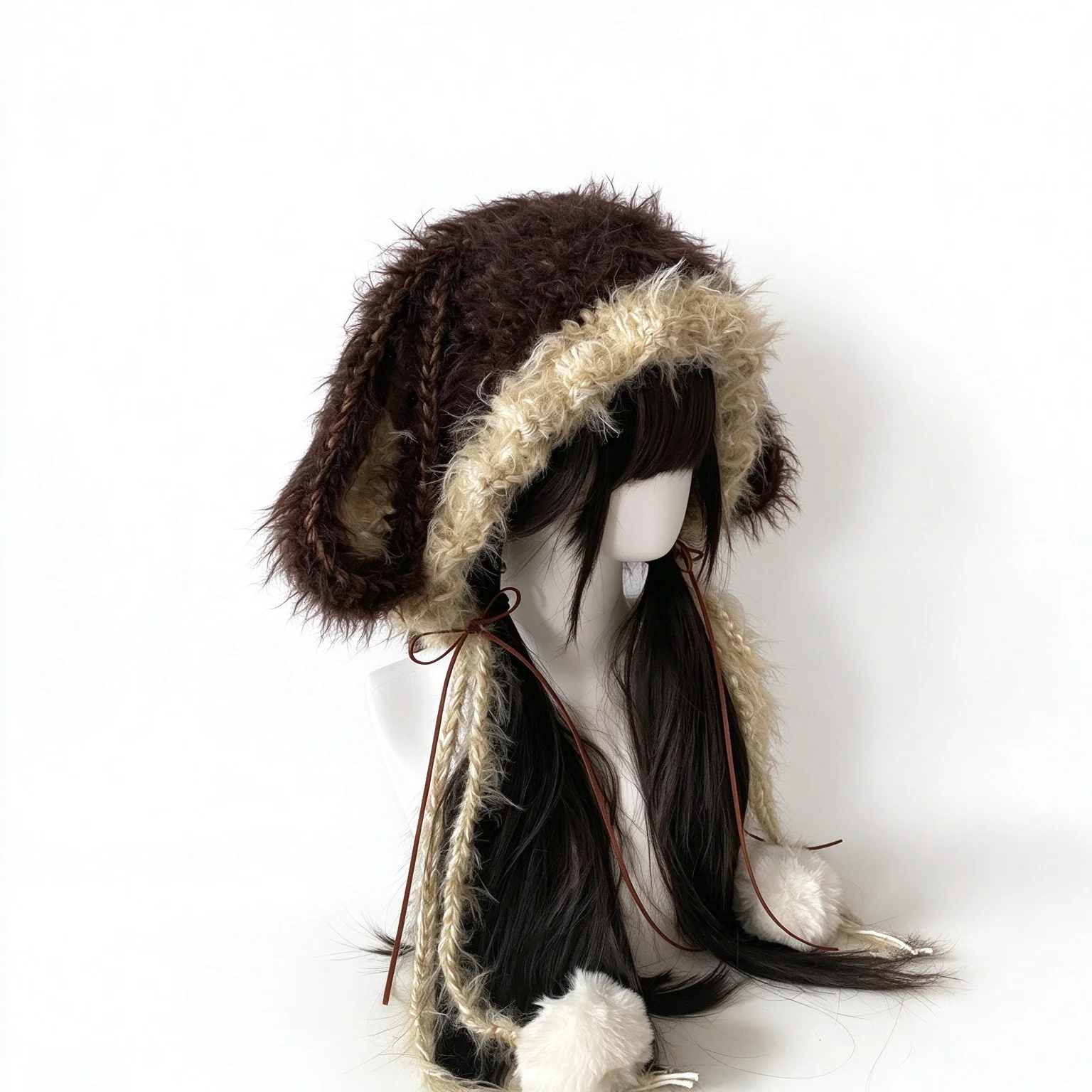 Handmade Brown Beige Bunny Rabbit Ears Hood Hat Women Kawaii Custom Crochet Pom Knit Beanie Lady Warm Lolita Casual Cosplay Cap