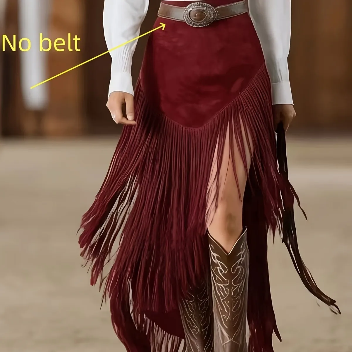 Women Long Velvet Skirt Burgundy Asymmetrical High Slit Fringe Maxi Skirt with Leather Belt Western Casual Vintage Pleated