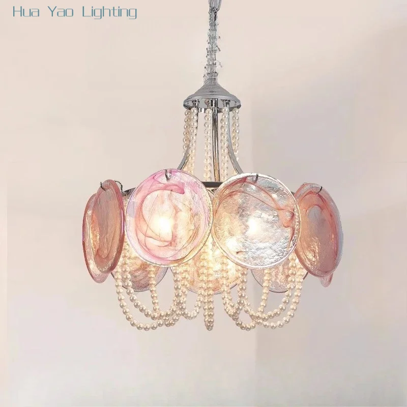 Pink Glass Disc Chandelier Lamp with Pearl Beads, Modern Pendant Light for Living Room/Bedroom Decor