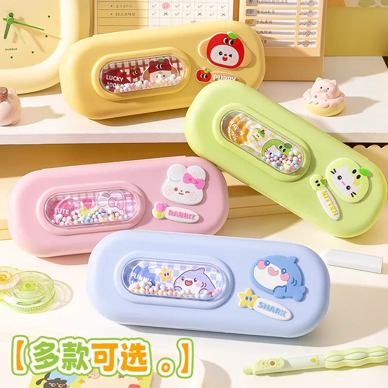 Double-Layer Bubble Ballpoint Pen Plastic Double-Layer Stationery Box, Super Cute Morandi Color, Simple Style Pencil Case For