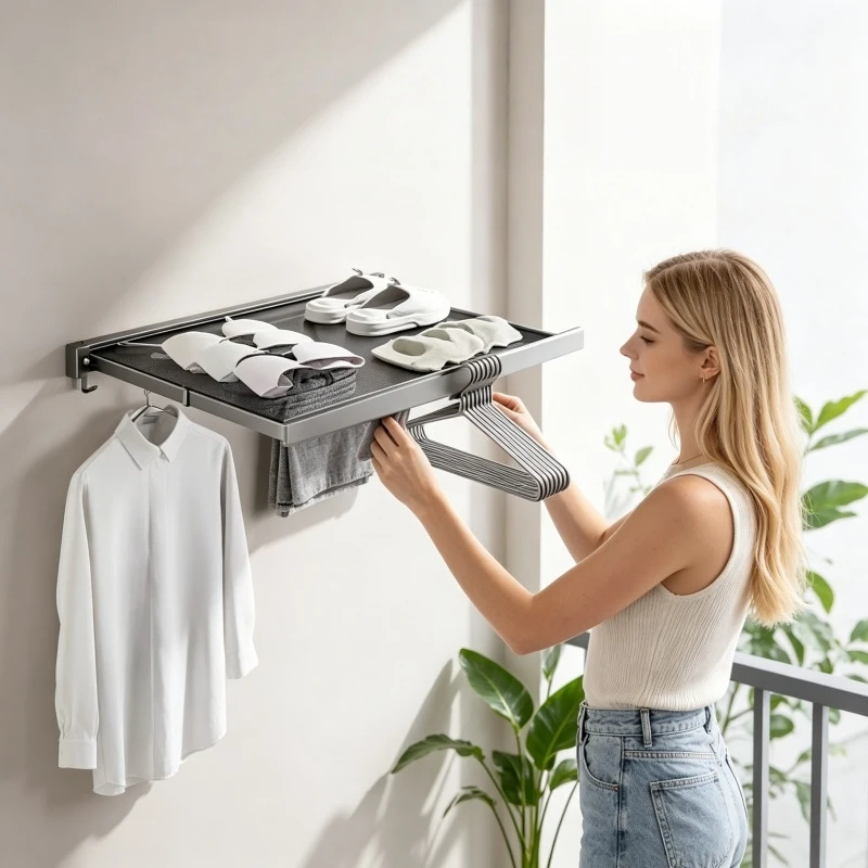 Home Household Retractable Balcony Drying Rack Foldable Stainless Steel Drying Net Multifunctional Sock Rack Wall Mounted