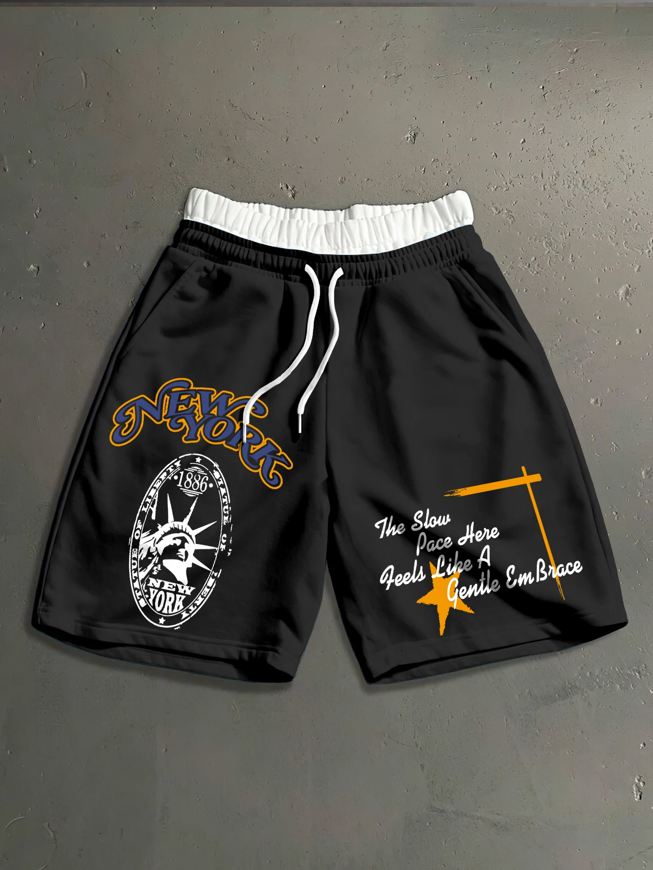 Men's Vintage New York Statue Of Liberty Print Baggy Shorts Polyester S-2XL Contrast White Waist Drawstring Hip Hop Streetwear C