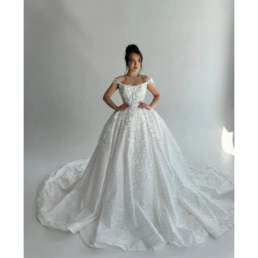 Customized Elegant Large Skirt Wedding Dress With Shoulder Card Strapless Satin Floral Sequins  Lace Up Bride Vestido De Noiva