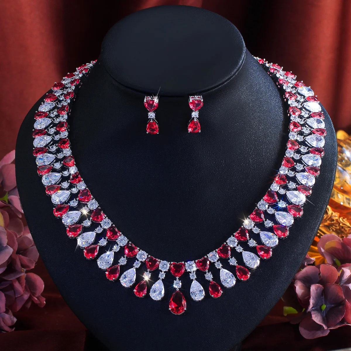 CWWZircons Luxury Red Cubic Zirconia Heart Water Drop Tassel Choker Necklace Earrings Sets for Women Wedding Party Jewelry T1010