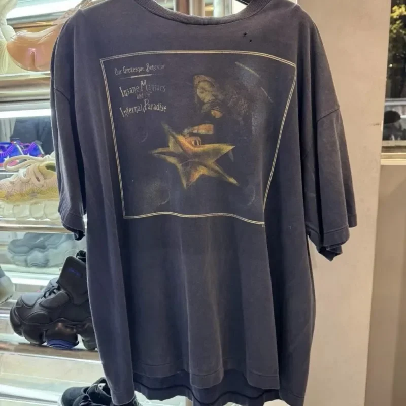 Summer Vinatge Washed Blue Men Women Street Saint Tshirts Star Print Round Neck Short Sleeve Casual Breathable Cotton Tops