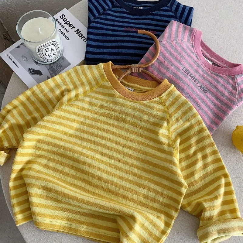 BELLBELL Kinder Jungen Langarm-T-Shirts für den Herbst mit Buchstaben-Print, gestreifte T-Shirts für Kleinkinder, lässige Pullover für kleine Jungen – Detail 7