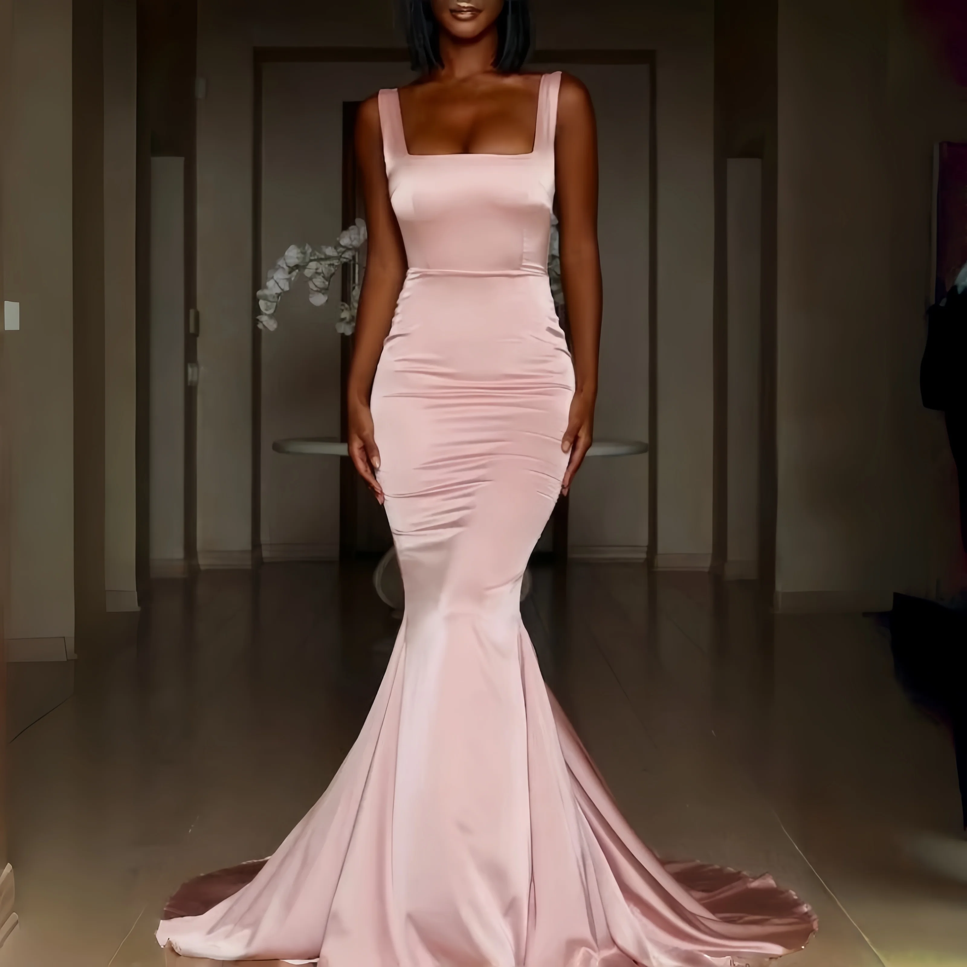 

Blush Pink Satin Mermaid Prom Dress Square Neck Sleeveless Fitted Long Formal Gown Bridesmaid Dress Guest Vestidos De Fiesta