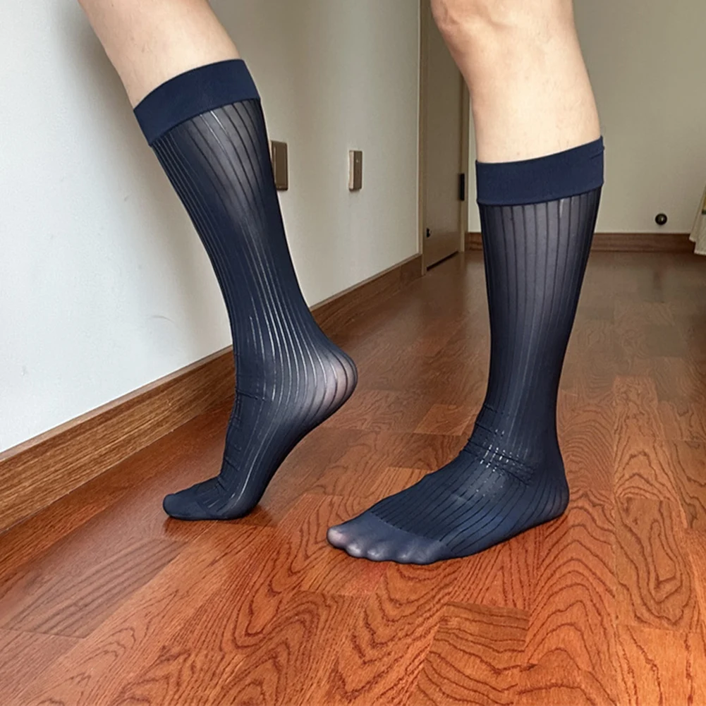 

1 пара эластичных сексуальных прозрачных мужских полосатых средних чулок-трубок, повседневные официальные носки, подходящие для бизнеса