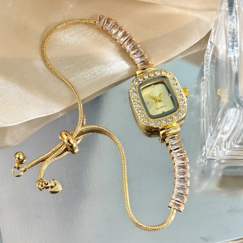 Inlaid Zircon Women's Bracelet Flexible Pull Out with Diamond Dial Quartz Watch Rhinestone Scale Square Alloy Case Strap Watch