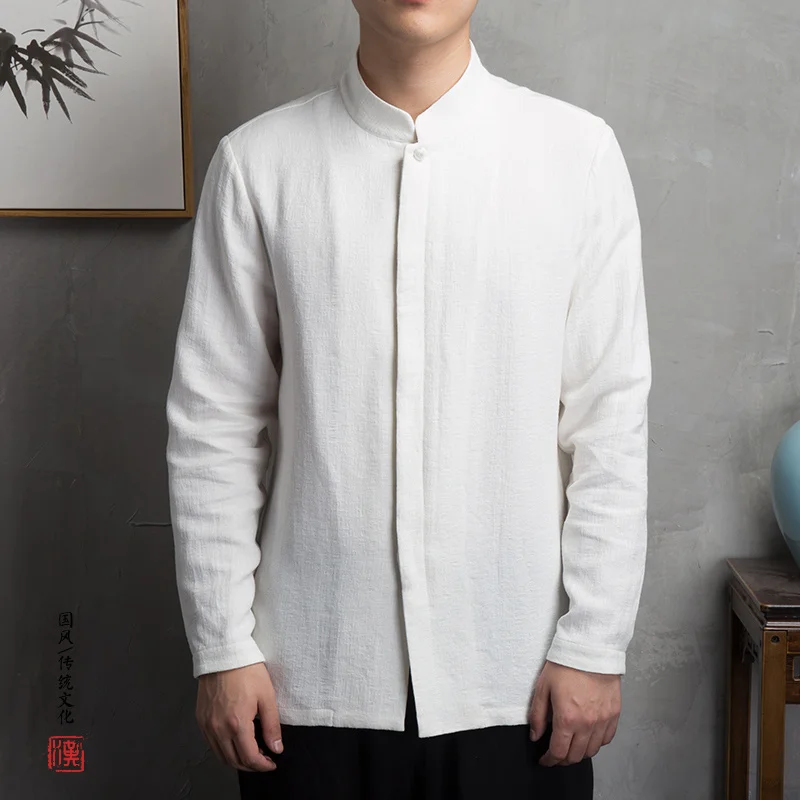 Chinese Style Cotton Linen Long Sleeve Shirts Men Clothing Retro Tang Suit Stand Up Collar Top Plus Size Clothes Male