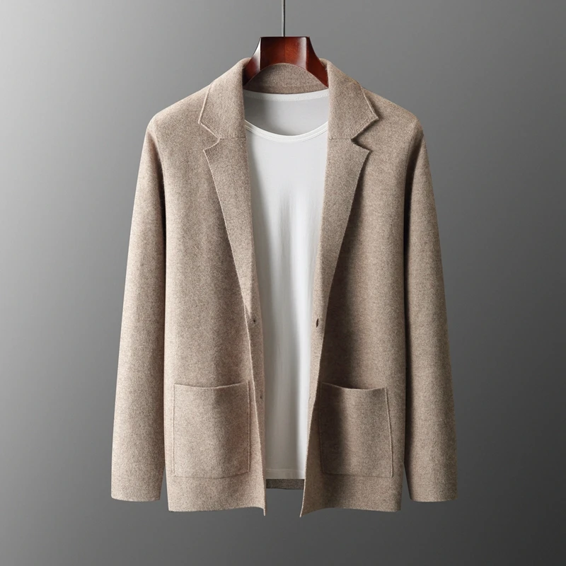 MVLYFLRT Men's Autumn Winter Thick 100% Merino Wool Knitted Two-Piece Set Men's Suit Collar Cardigan Casual Elastic Waist Pants. - view 3