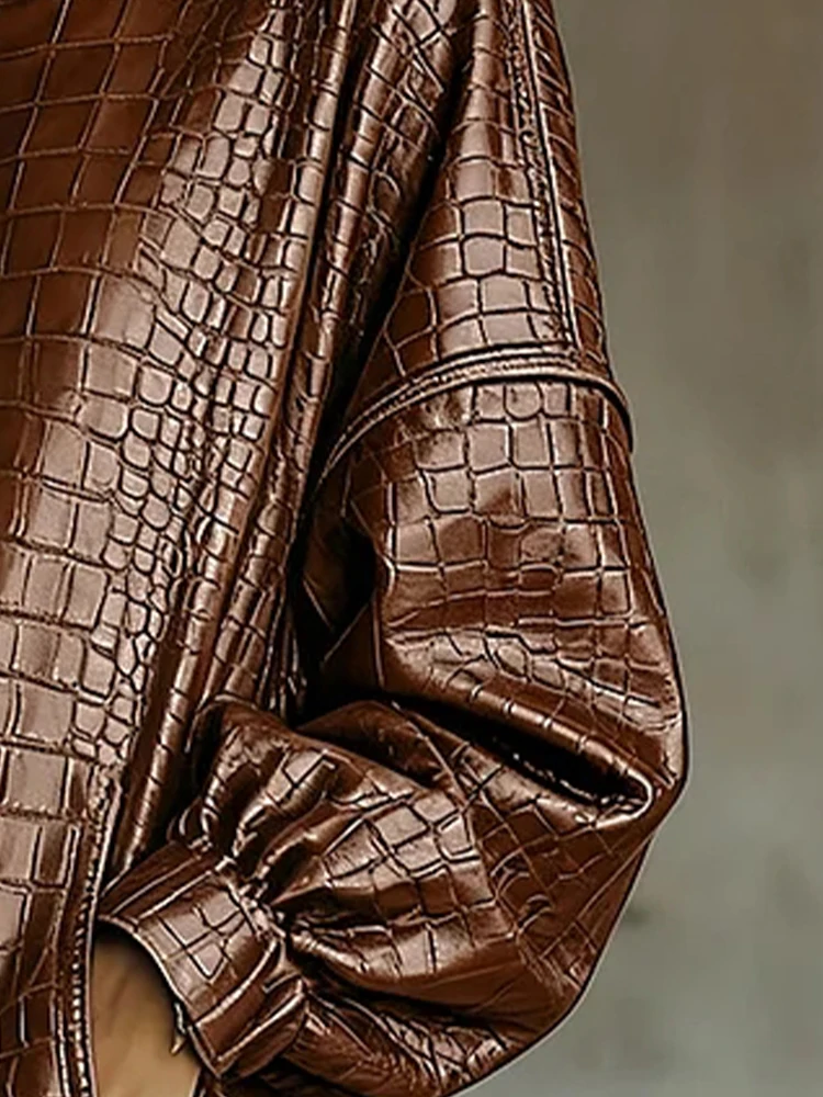 

Fashion PU Leather Tassel Mini Dress High Collar Lantern Sleeve Pocket Fringe Hem Crocodile High Street Party Dress for Women