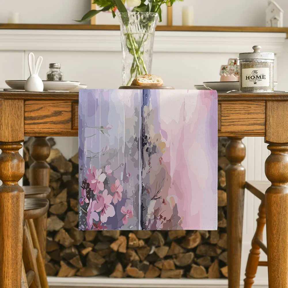 Watercolor Painting Lake Cherry Blossoms Table Runner Polyester Table Runners for Dining Room Cottagecore Polyester Table