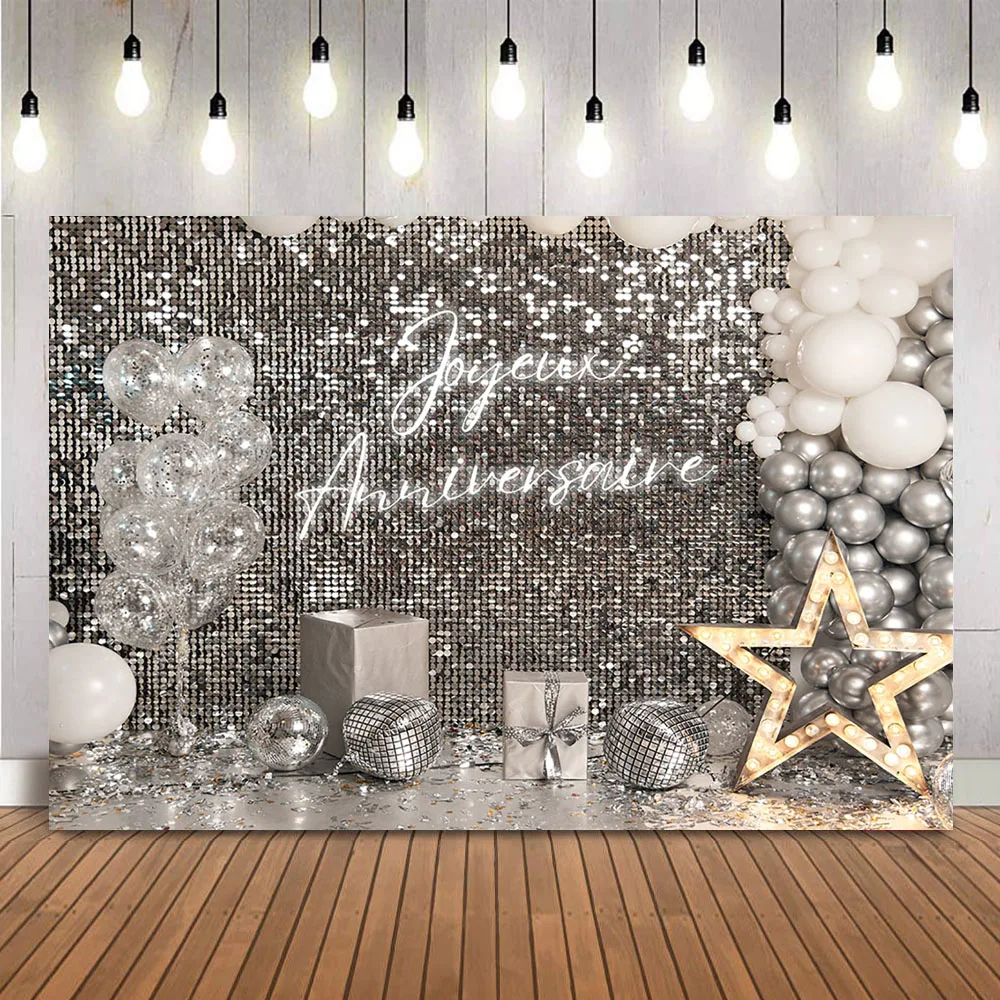 Joyeux anniversaire Backdrop Hip Hop Sliver Glitter Birthday Party Decoration Background Newborn Kids Cake Samsh Photoshoot Prop