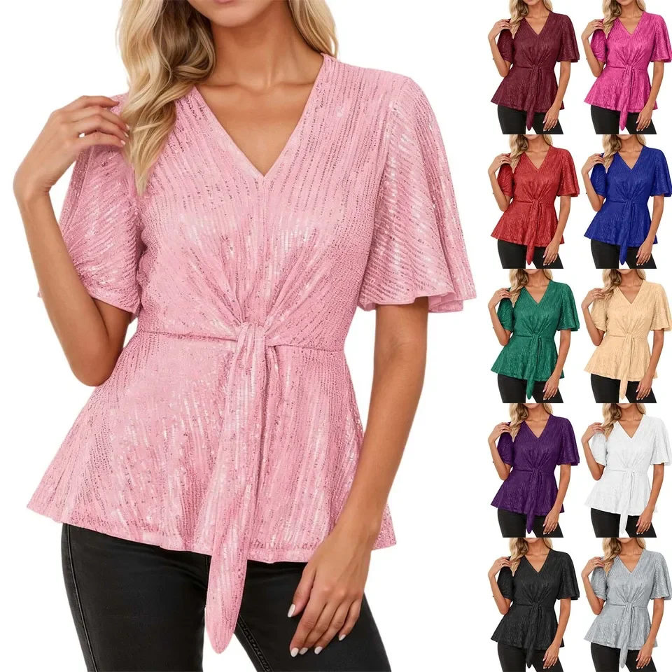 Women Fashion Silver Wire Shirt Sexy Mesh V Neck Flared Short Sleeved Top With Drawstring Loose T Shirt Cotton Shirt Girl