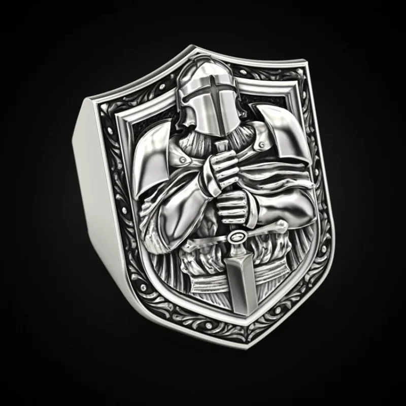 Huajie Men's Sword Templar Shield Classic Rings for Men Old Sliver Color Retro Party Gift Ring Accessories Trend