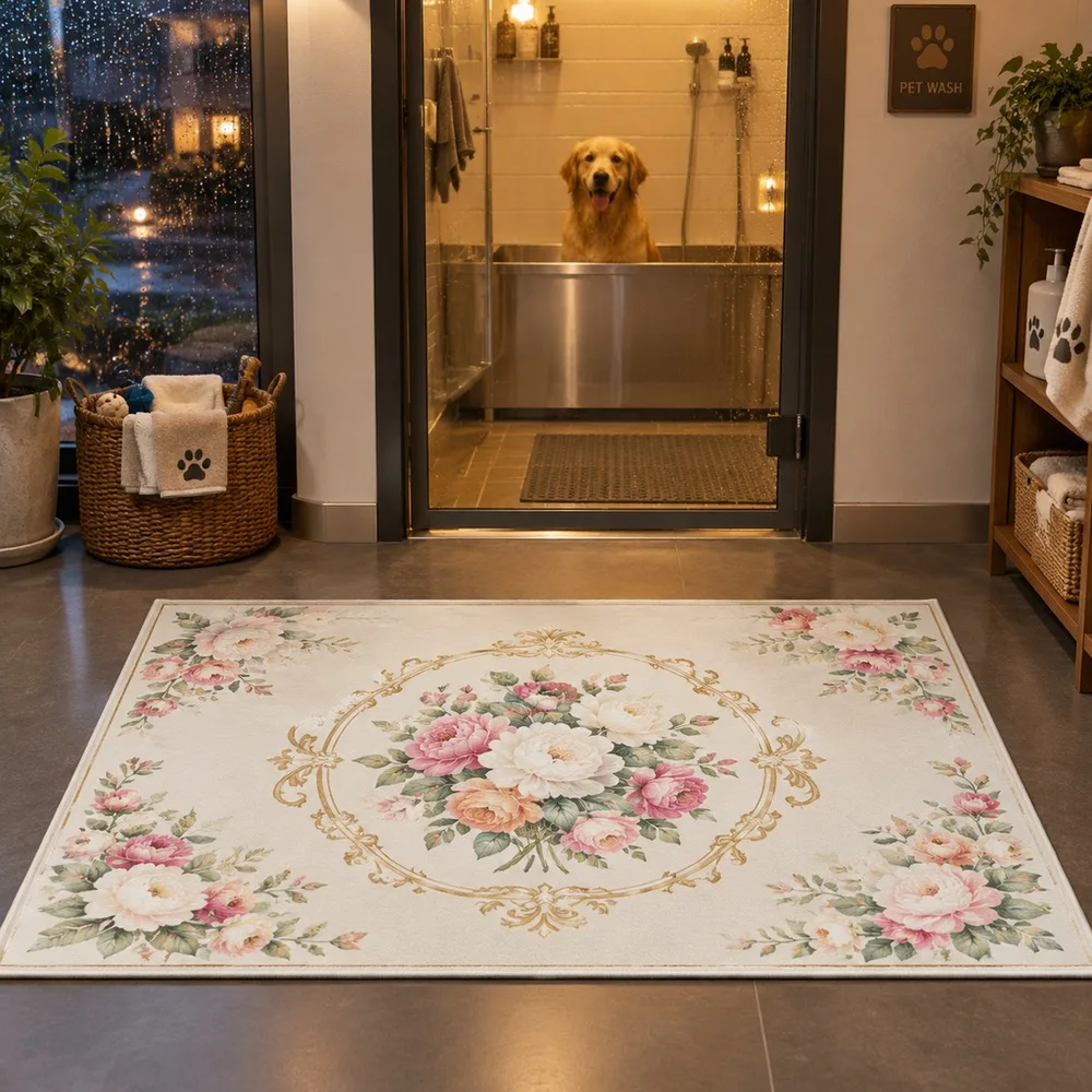 VIKAMA Rug Carpet Off White Peony Rose Bouquet Floral Thickened Easy Clean Entryway Sofa Guest Room Sunroom Modern Home Decor