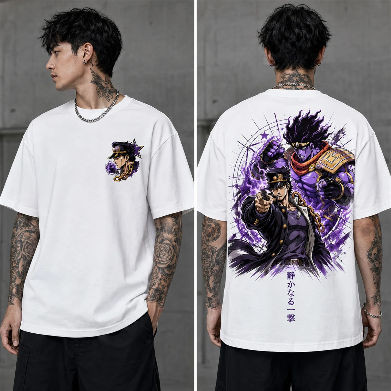 Men JoJo Bizarre Adventure Jotaro Kujo Cotton T Shirt Star Platinum Anime Graphic Tee Short Sleeve Y2K Streetwear Top