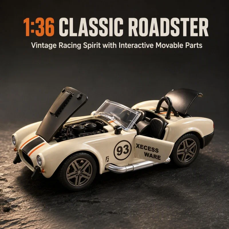 1/36 Vintage Convertible Diecast Car Model, Metal Racing Vehicle, Multi Opening Parts, Desktop Decoration for Car Enthusiasts