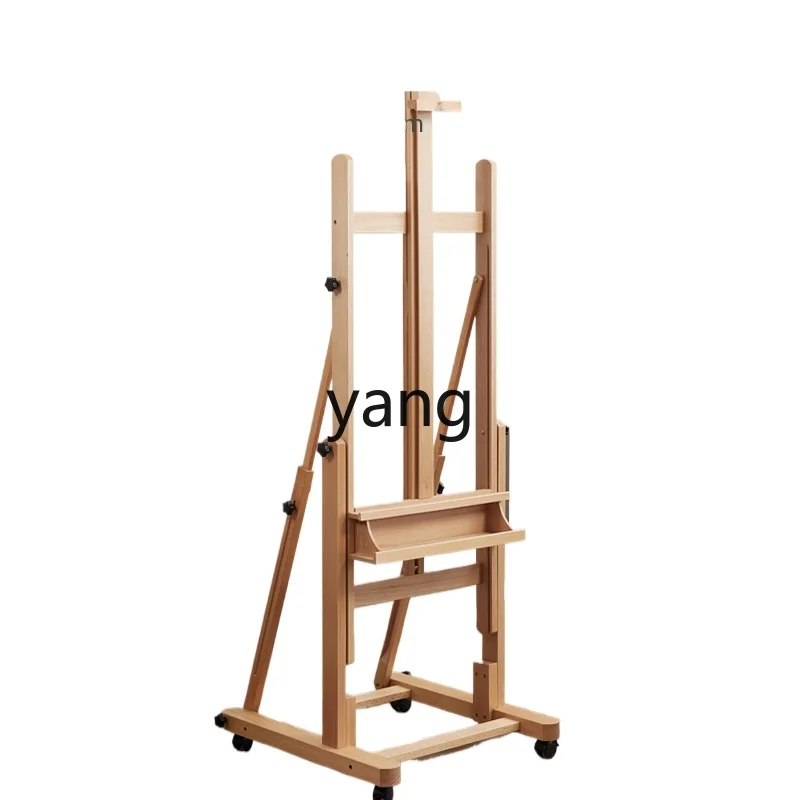 LMM  Studio Flat and Vertical Dual-Use Oil Painting Easel Adjustable Solid Wooden Vertical Wooden Display Stand with Wheels