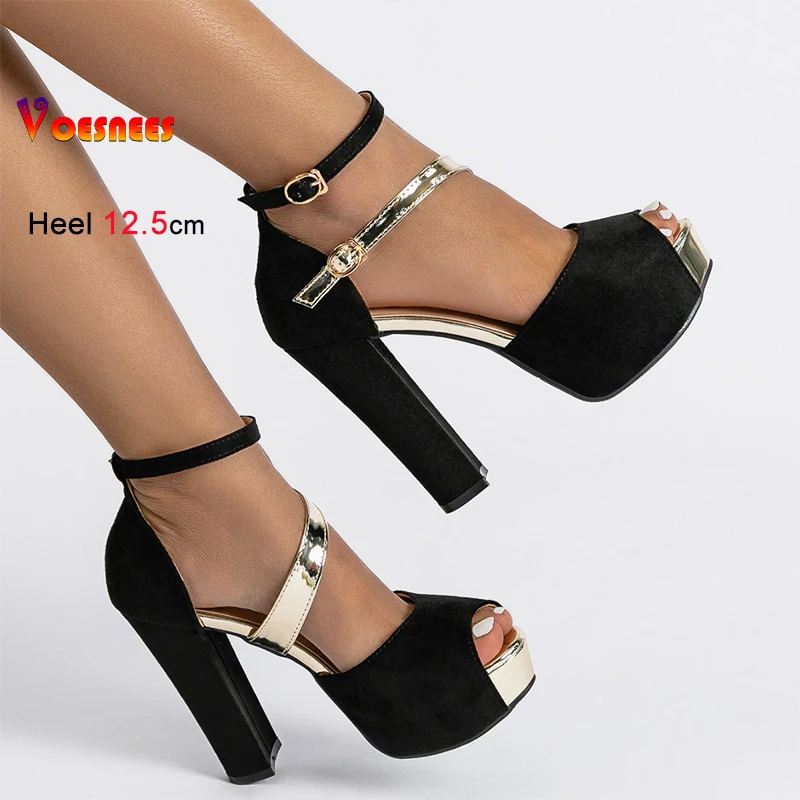 2025 جديد النمط الروماني اللمحة تو الصنادل 12.5 سنتيمتر سميكة عالية الكعب النساء الجلد المدبوغ أحذية الحفلات الكاحل مشبك الصيف منصة الصنادل السوداء #1