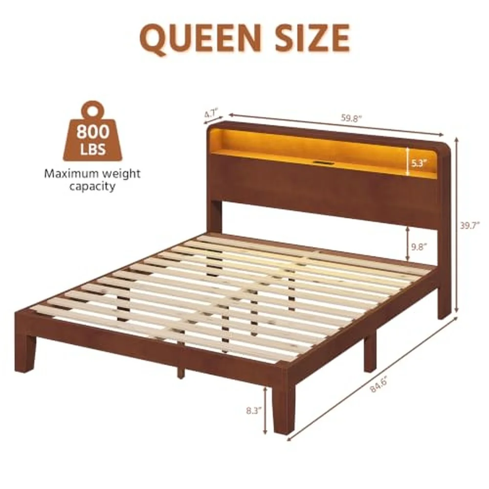 Queen Size Solid Wood Platform Bed Frame with RGB LED & Charging Station Headboard Remote & App Control Rubbe Wood Legs