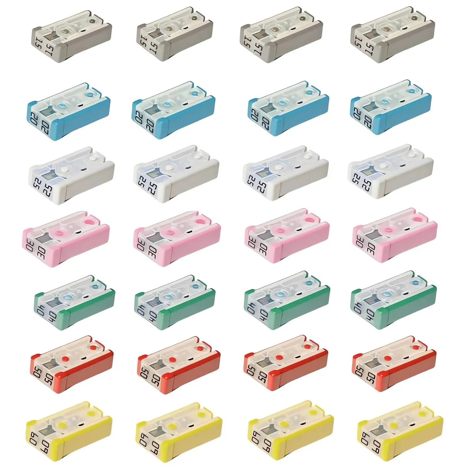 14/28Pcs Mini Slotted Automotive MCASE Shaped Cartridge Fuse Kit 15A 20A 25A 30A 40A 50A 60A 32V  Mini Shape Cassette Fuse Kit