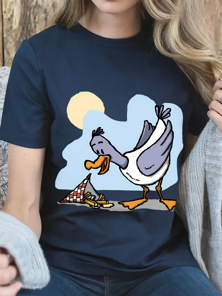 تي شيرت كلاسيكي بأكمام قصيرة من القطن برقبة دائرية مع رقائق أكل النورس جرافيك تي شيرت ملابس الشارع ملابس نسائية هاراجوكو ملابس علوية غير رسمية #3