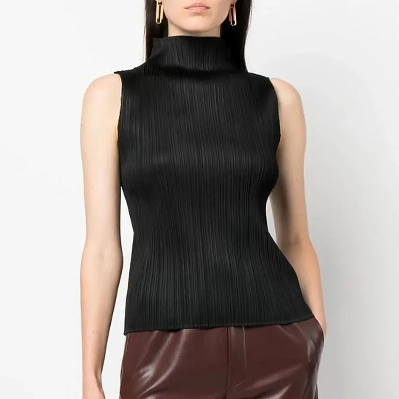

ISSEY T-Shirt Japanese-Style Women's Basic Classic Pleated High-Neck Solid-Color Slimming Sleeveless Top