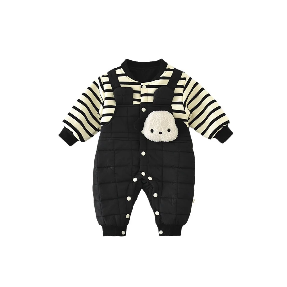 Autumn Winter Baby Boys Jumpsuit Striped Spliced Cartoon Plus Velvet Newborn Boys Rompers Cotton Padded Thick Infant Boy Onesies