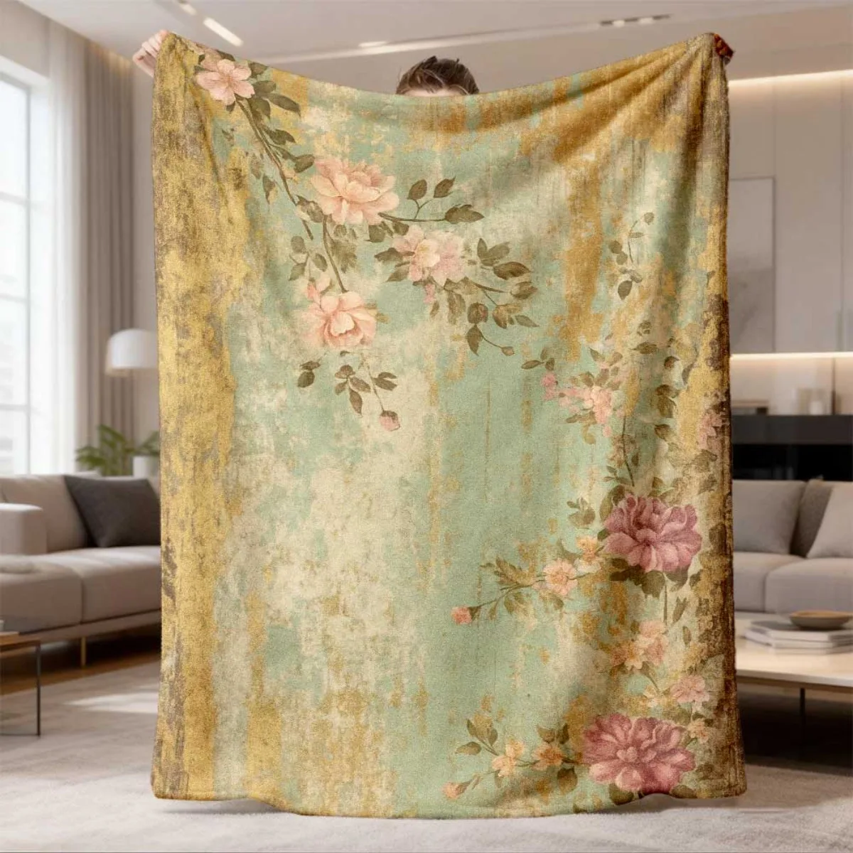 Large Floral Vintage Polyester Throw Blanket Cozy Boho Home Decor Fall Autumn Tapestry Wrap for Sofa Bed