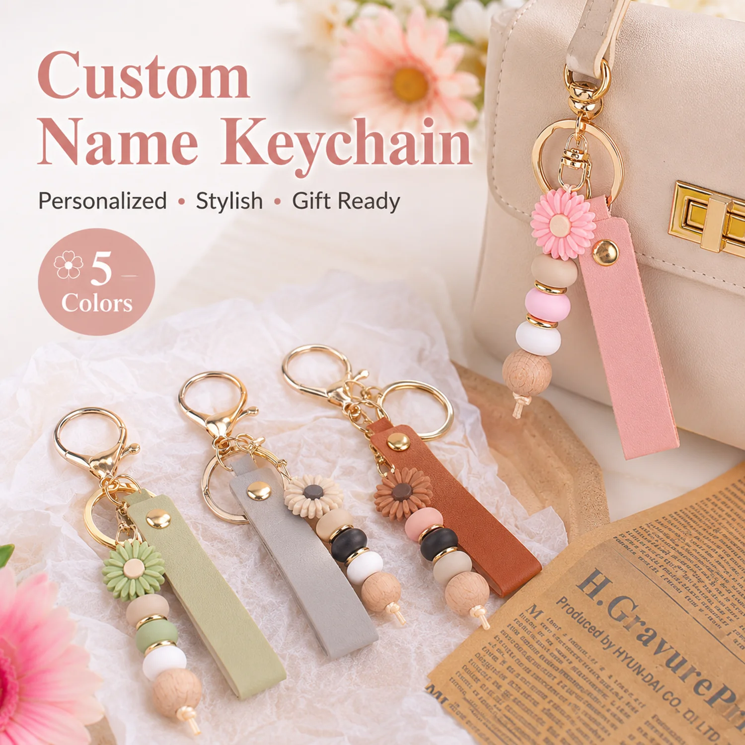 Custom Text Flower Fashion Keychain, Laser Engraved with Name and Number, Personalized PU Leather Keychain, Women's Gift