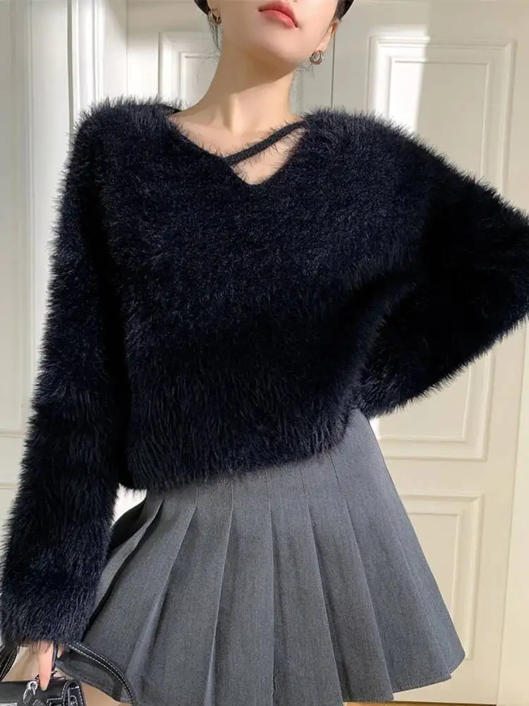 Brown Big Size Warm Knitting Sweater V-Neck Long Sleeve Women Pullovers New Fashion Tide Spring Autumn