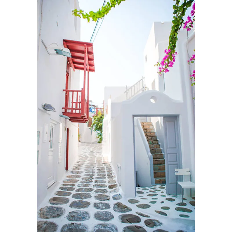 Decoração grega do feriado do mar Egeu, vila mediterrânea, flores fotografia fundo, Town Bay, XC-10