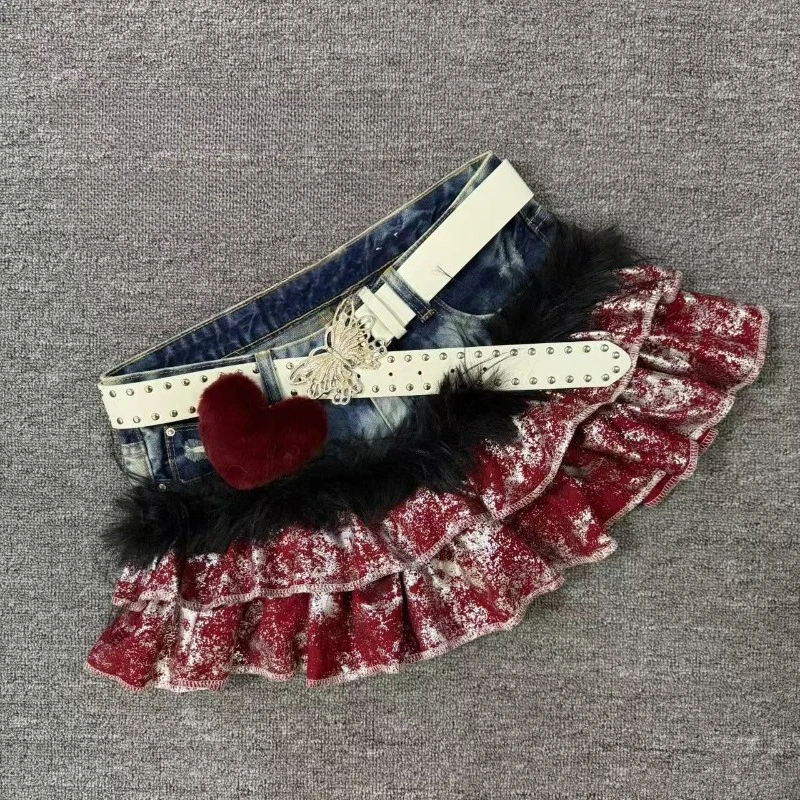 Wine Red Ruffled Heart Decor Denim Skirts High Street Style Distressed Fashion Clothing Music Festival E-girl Casual Skirt 2026