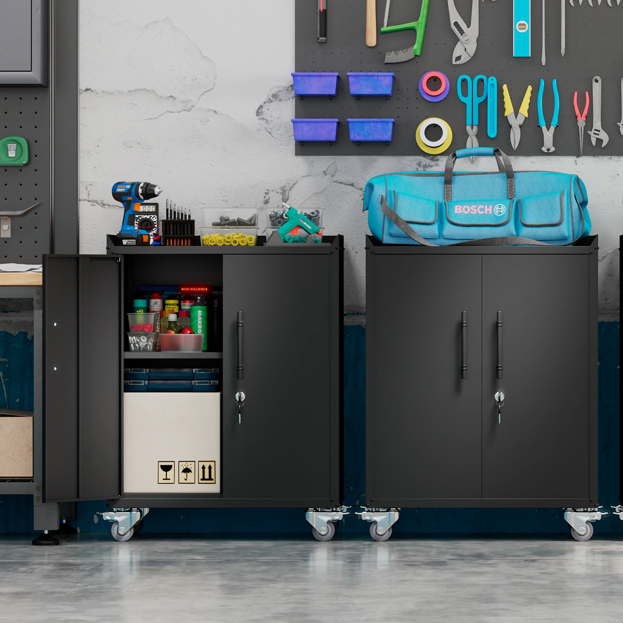 Garage 2 door tool cabinet,Locking metal storage cabinets with wheels,rolling toolbox,Lockable garage storage cabinet