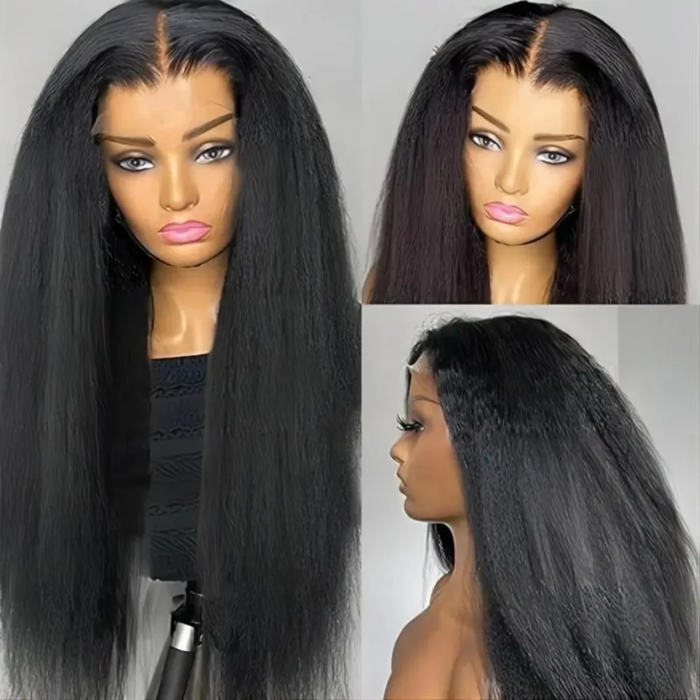 Kinky Straight 13x4 Transparent Lace Front Human Hair Wig Pre Plucked Yaki Brazilian 200% Density Lace Closure Human Hair Wig