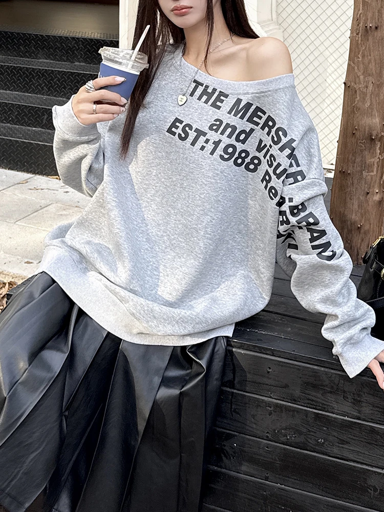 Fashion Loose Casual Sweatshirts Women Long Lantern Sleeve Letter Printed Pullovers Sexy Skew Collar Jumper 2024 Grey Sweatshirt