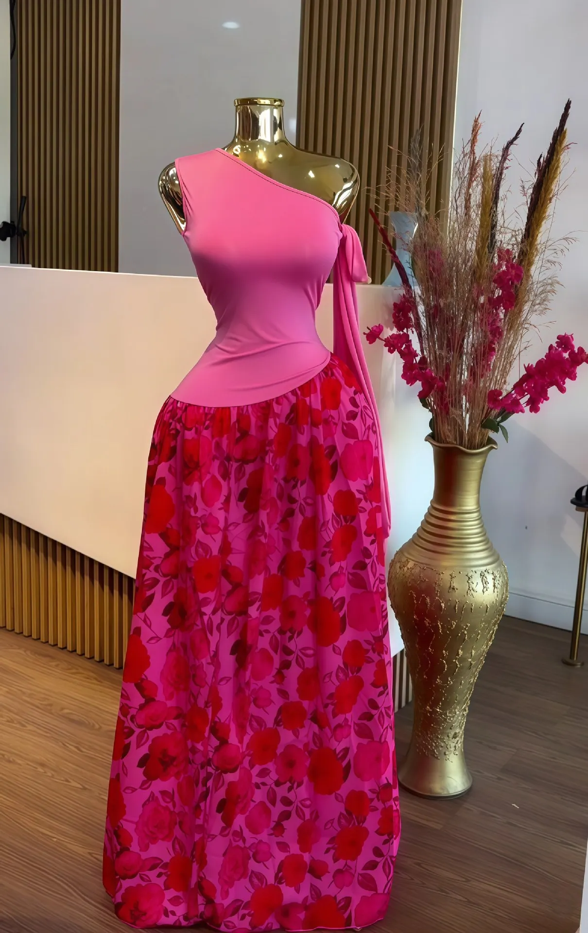 

SKMY Women Clothing 2025 Autumn New Sleeveless One Shoulder Slim Fit Fashion Patchwork Printed Pleated Temperament Long Dresses